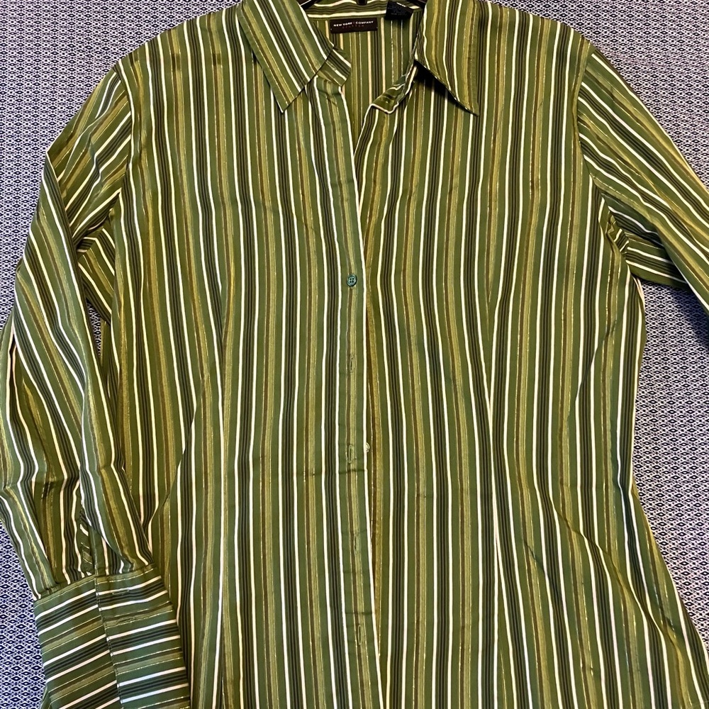 Women’s Button-down Stretch Shirt Green Black Taupe Cream w/Gold MetallicThread